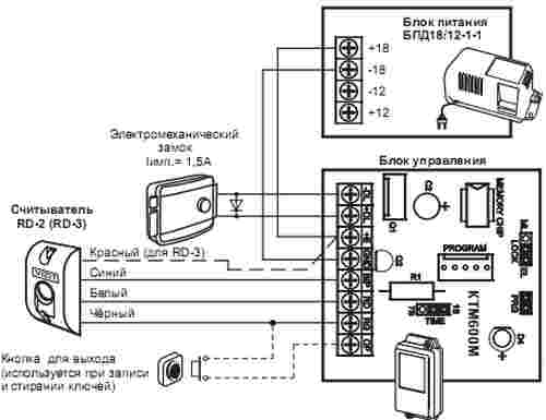 Схема подсоединения электромеханического замка и дополнительного оборудования
