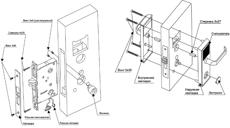 Схема монтажа электромеханического замка внутрь двери